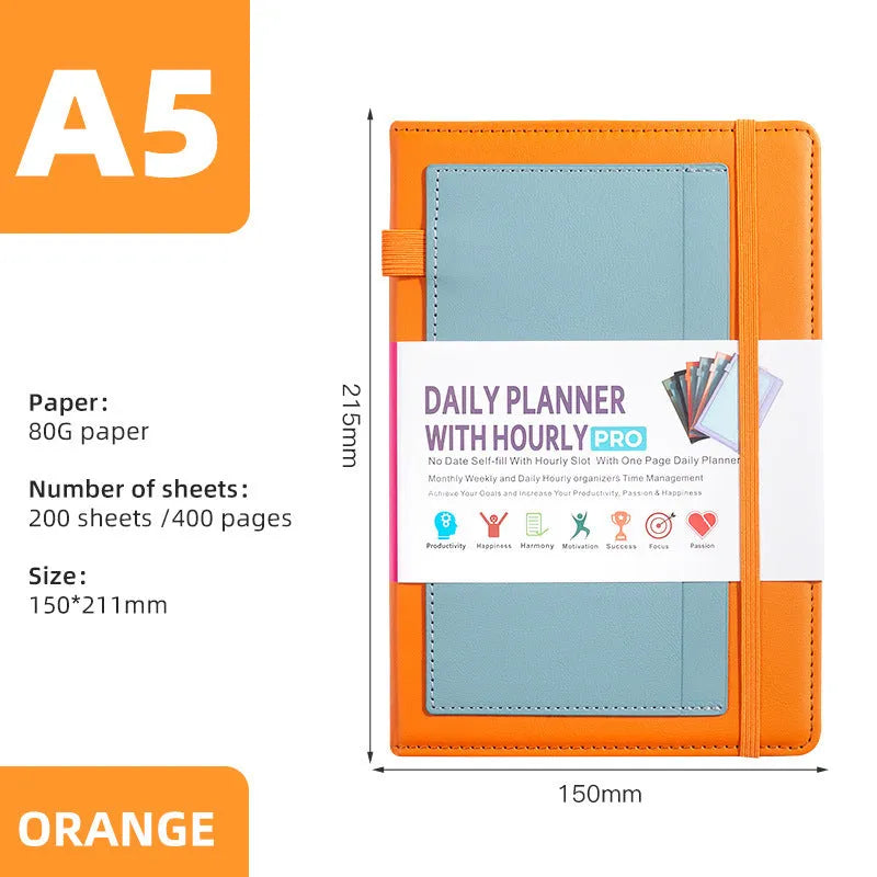 A5 notebook with PU cover, open to show no-date strap and thread binding, with planning stickers.