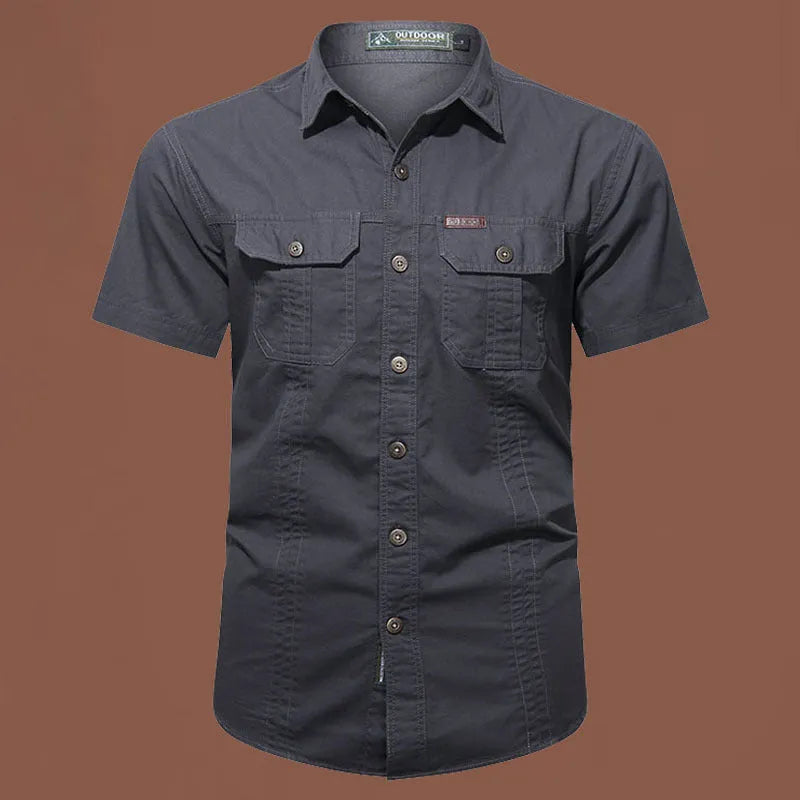Men's short sleeve cotton work shirt in a loose cardigan style, shown in one of eight available colours.
