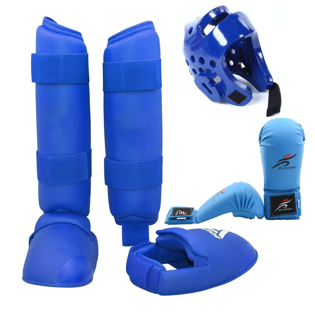 Blue karate protective gear set showing PU leg guard, helmet, and boxing gloves on a grey background.