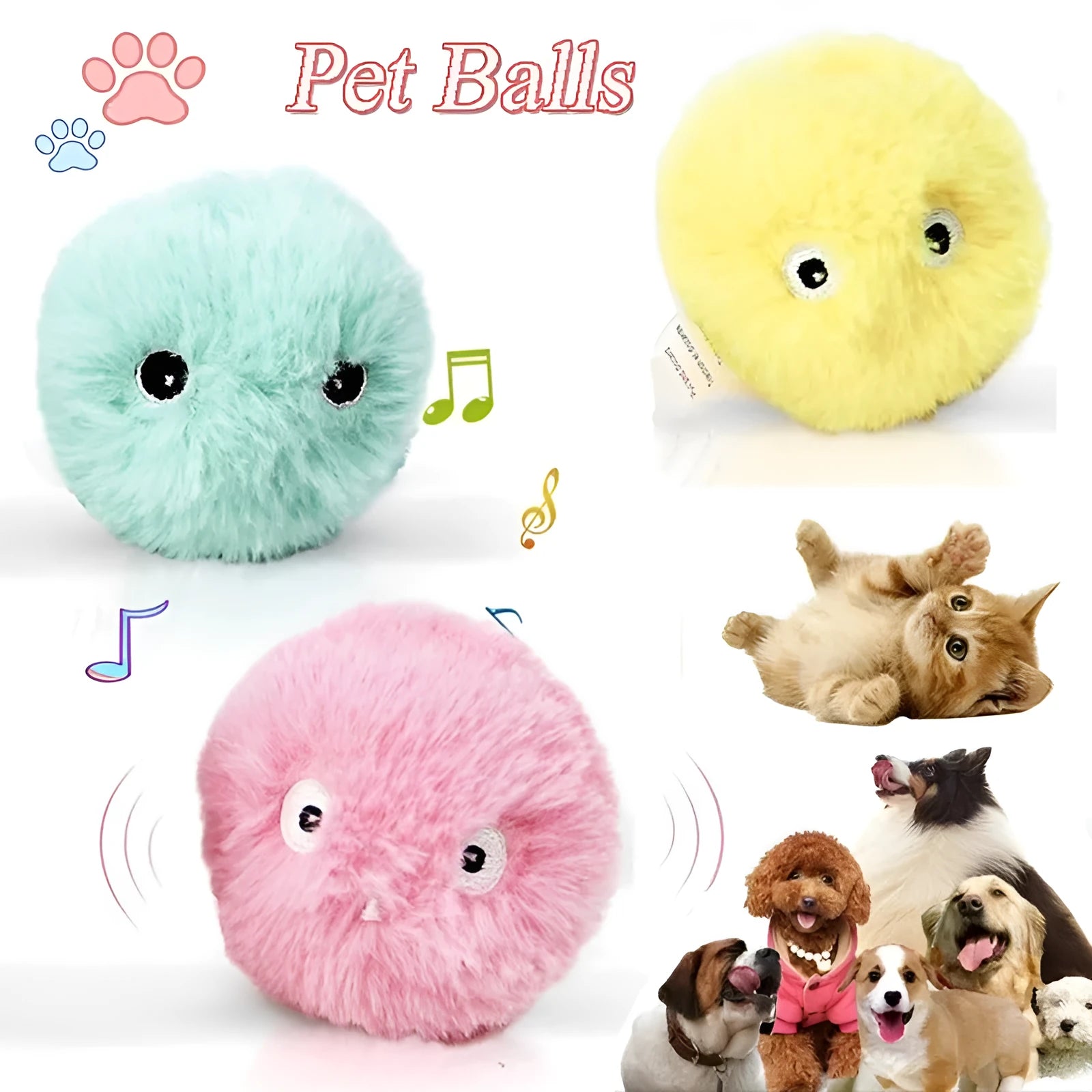 Interactive cat toy ball in blue, pink or yellow with 55mm diameter and animal sound activation