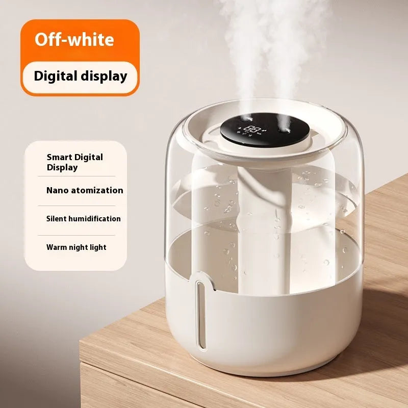 Beige round large capacity USB household humidifier with display and night light