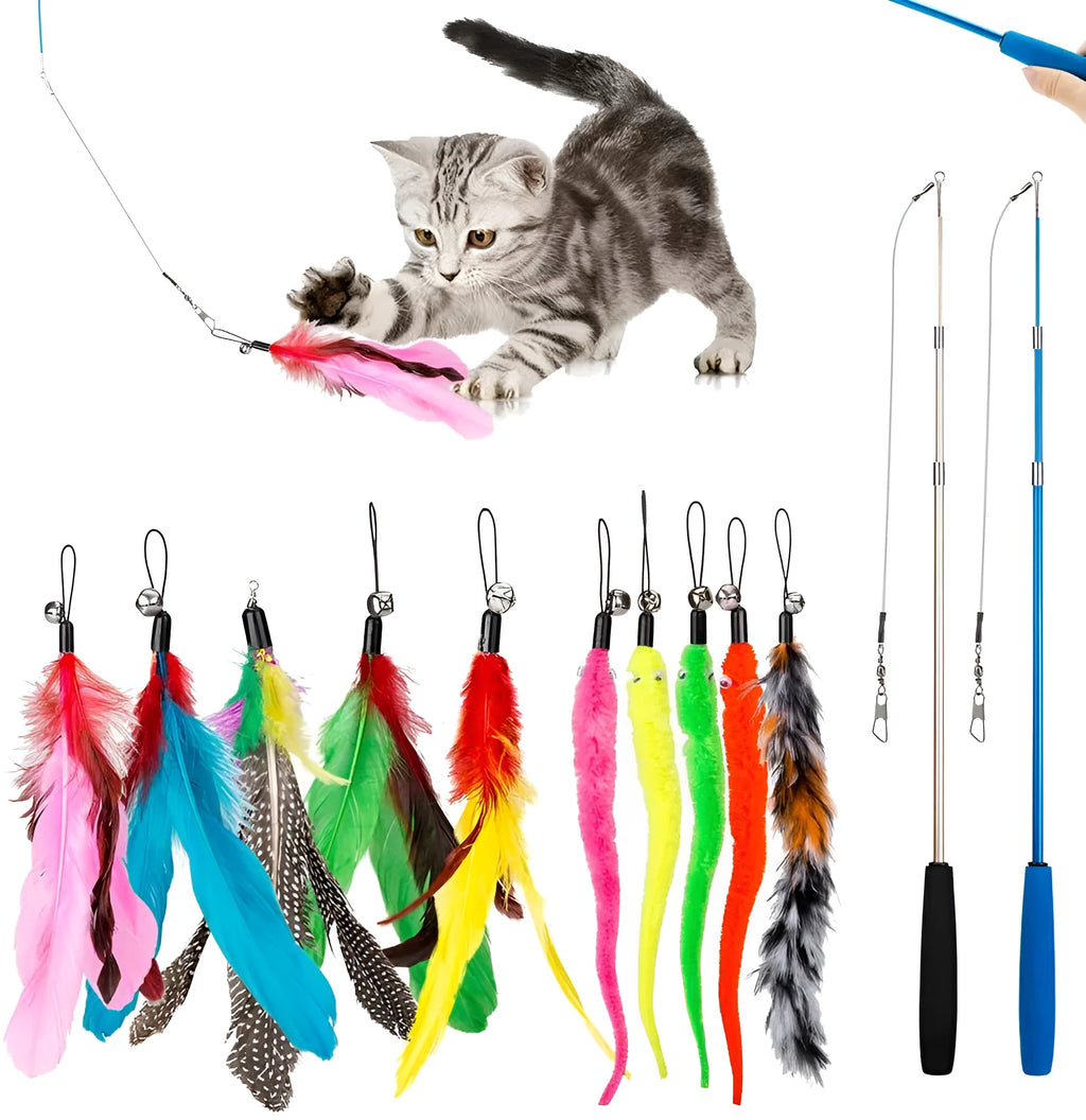 Multi-colour cat fishing rod toy set with telescopic poles and feather attachments