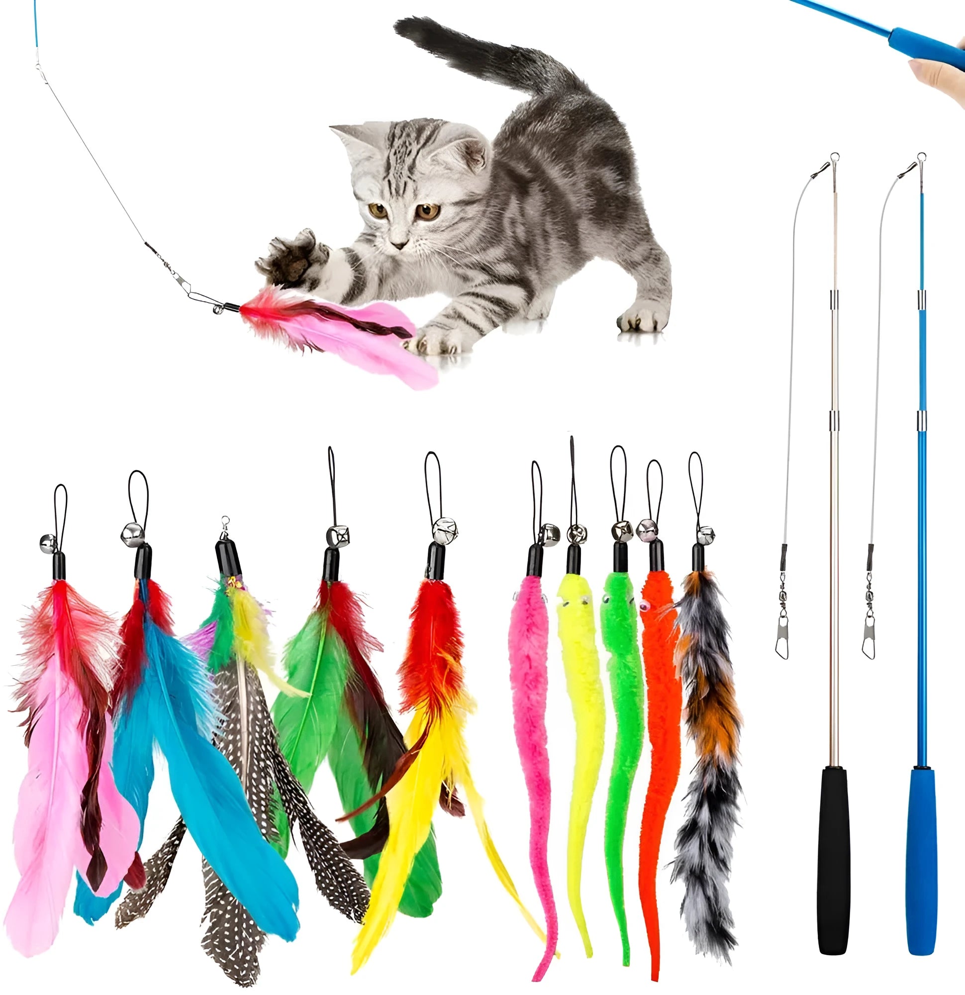 Multi-colour cat fishing rod toy set with telescopic poles and feather attachments