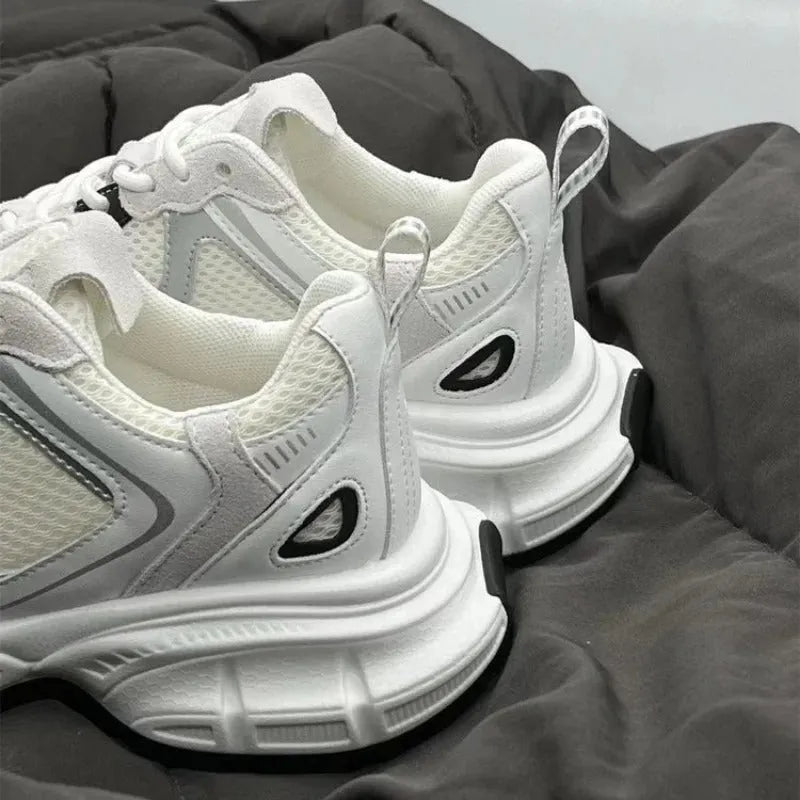 Beige mesh platform sports shoes with wedge heel and front lace-up closure on rubber sole