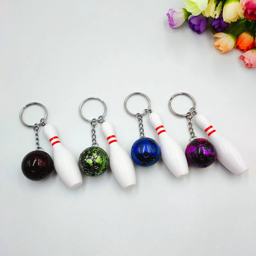Mini simulation sports bowling keychain pendant in blue PVC metal