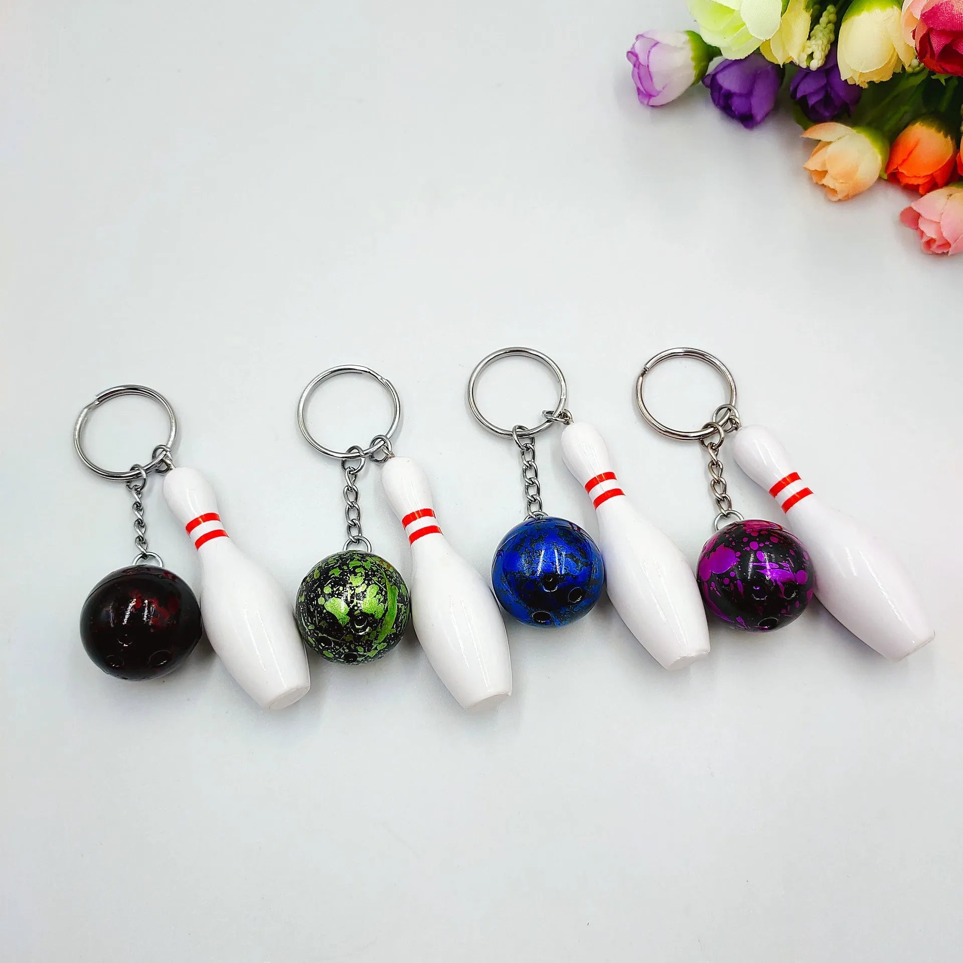 Mini simulation sports bowling keychain pendant in blue PVC metal