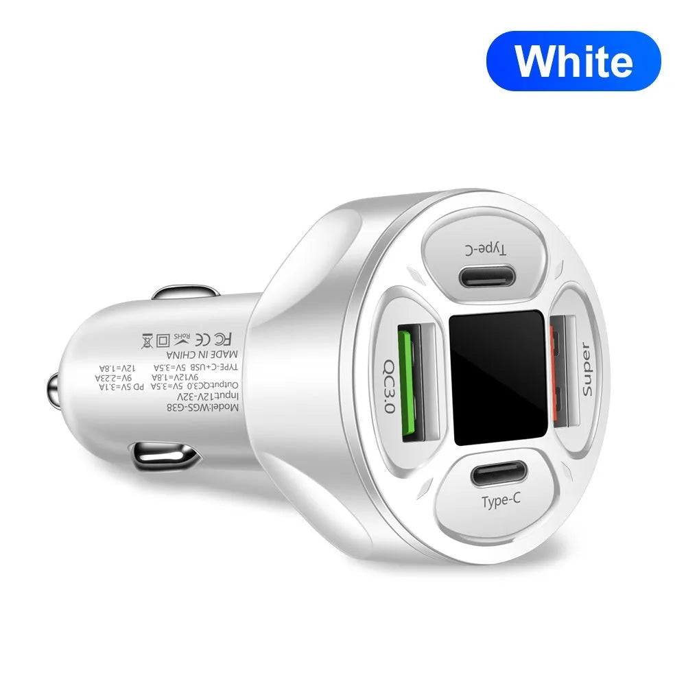 66W black digital display car charger with two USB ports and two Type-C ports