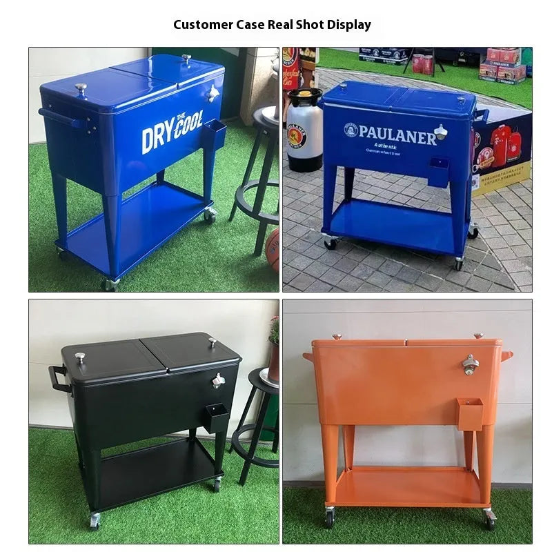 Red metal outdoor insulated trolley cooler box with a 750 capacity.