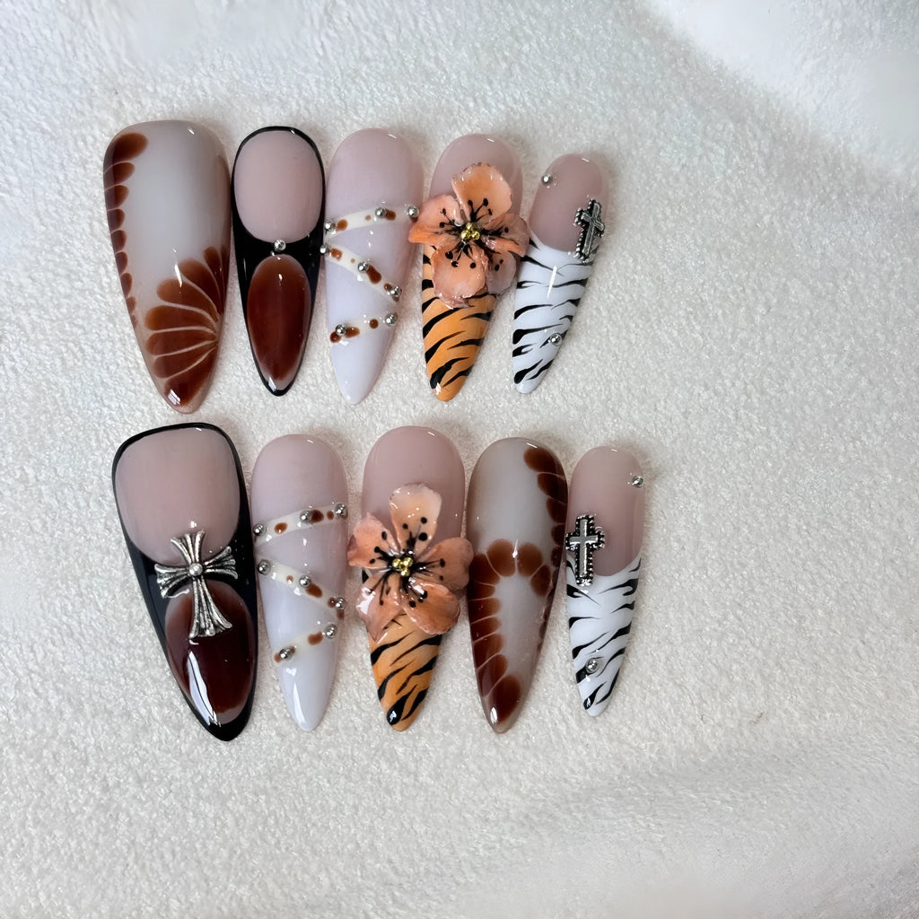 French leopard print false nail set with cross and floral patterns in four sizing options