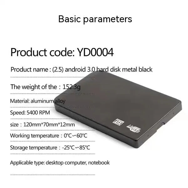 External solid state drive with metal shell in choice of black, blue, red, or silver colours showing USB 3.0 connector