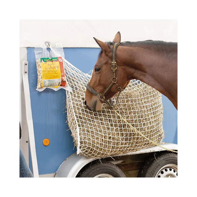 Black woven PE rope hanging feeding bag with grid mesh, sized for a horse.