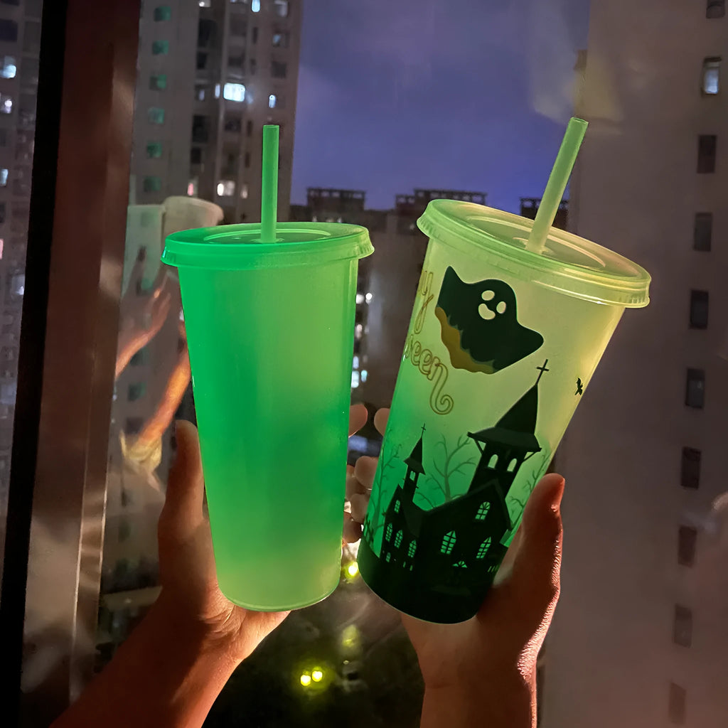 720ml plastic Halloween sippy cup with luminous straw in one of six colours