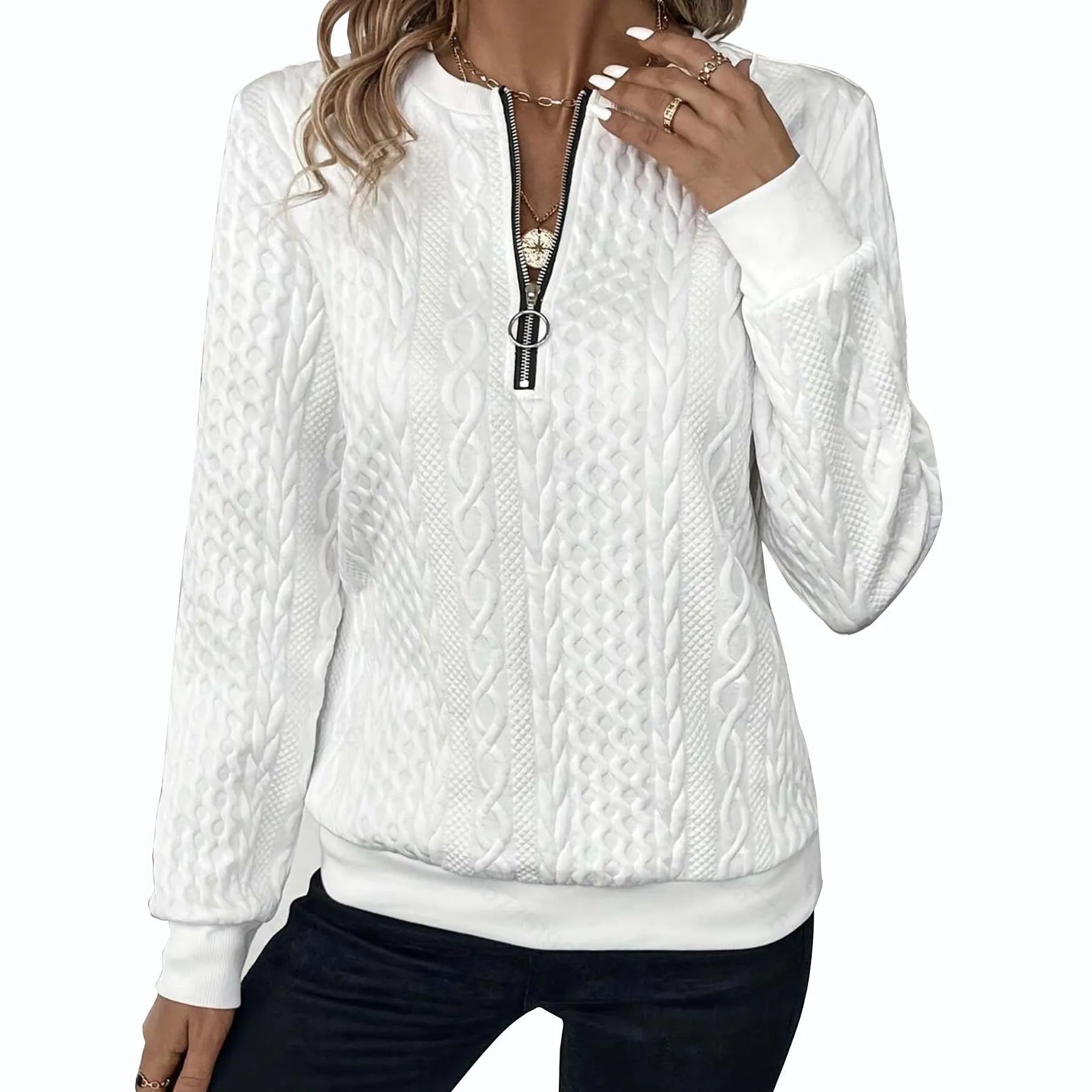 Women's loose fit zipper cardigan with 3D effect pattern in apricot, polyester fabric