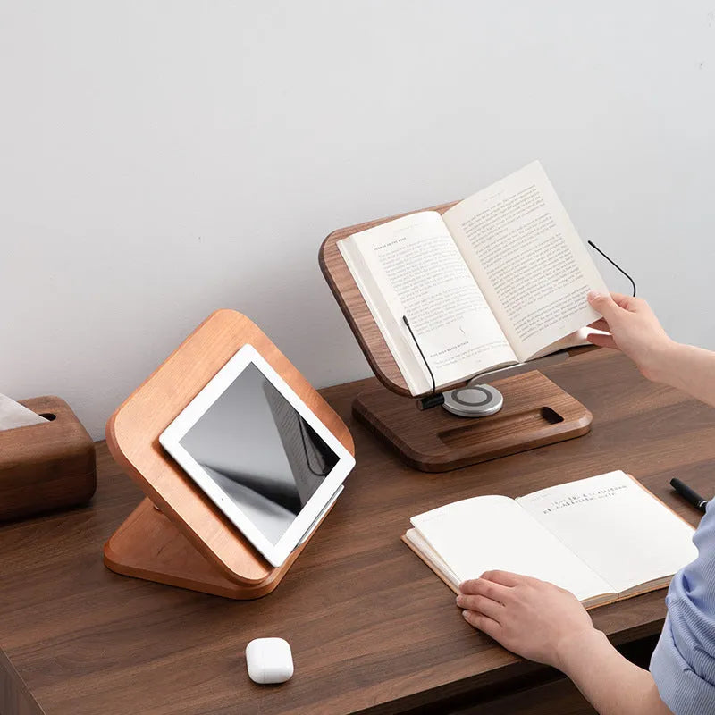 Black walnut solid wood adjustable rotating reading rack holding an iPad on a desk