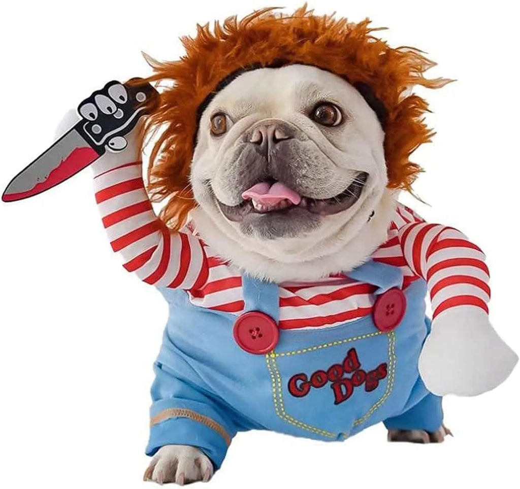 Halloween pet costume set with striped harness pants and knife accessory for dogs and cats
