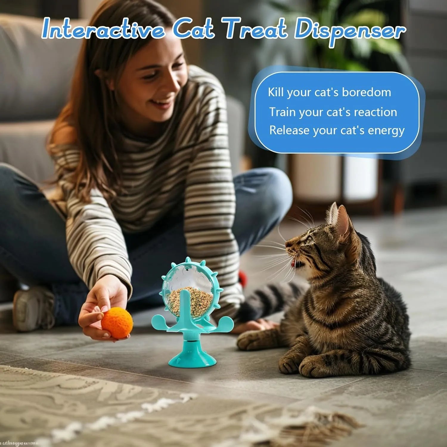 Interactive pet spinner toy with food dispenser holes and floor sucker base for cats and small medium dogs