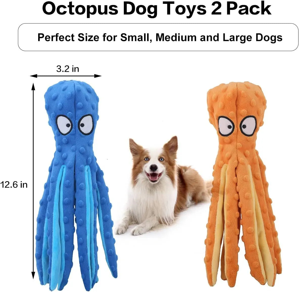 Blue no stuffing octopus squeaky toy with crinkle paper and BB call for dogs, made from crystal soft mesh, 32cm long