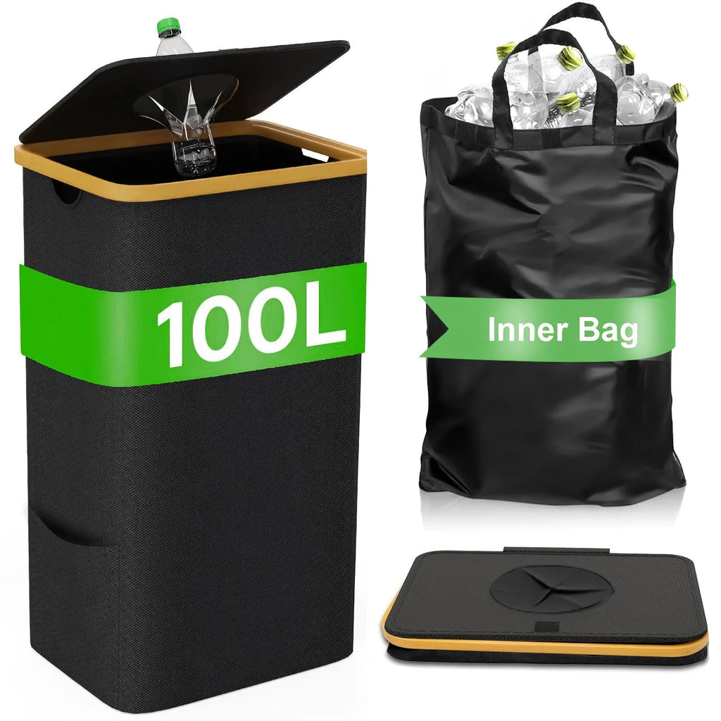 Black bamboo storage basket with removable lid and double inner pockets for home organisation
