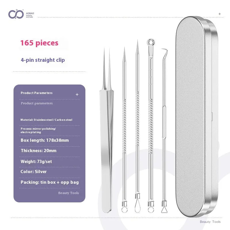 Four-piece stainless steel acne needle set with ultra-fine pointed tips and extraction clip on silver background