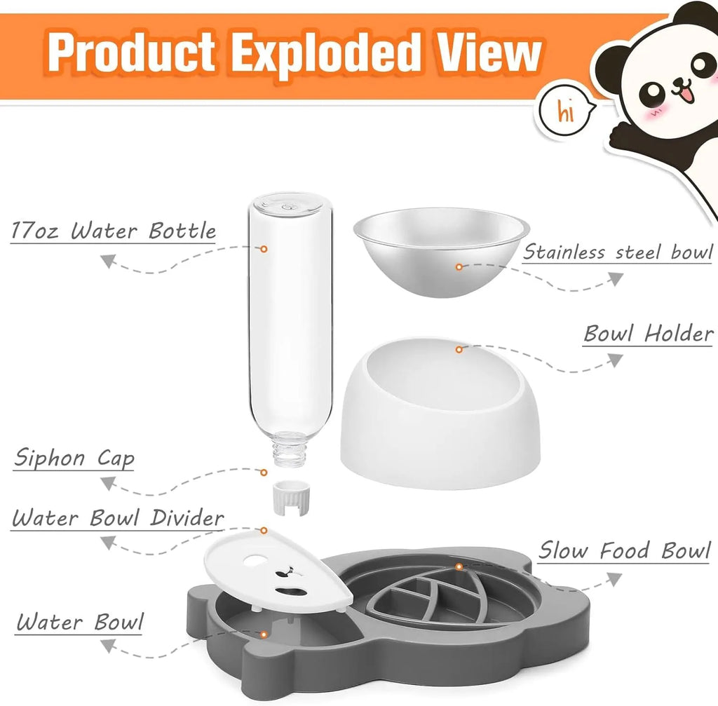 Raised cat bowl set with automatic water dispenser bottle in panda design