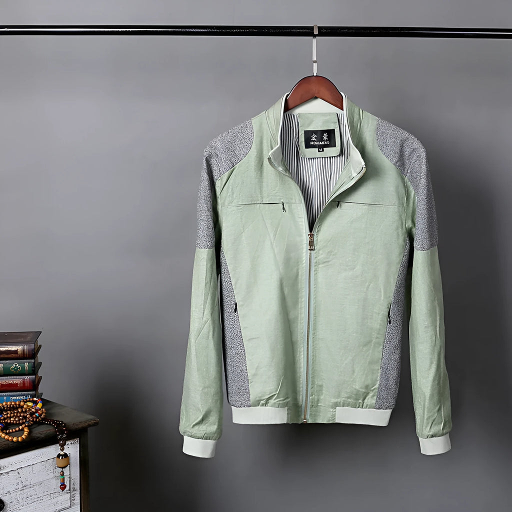 Men's thin cotton linen jacket in heather gray, grass green, or blue colours with regular fit