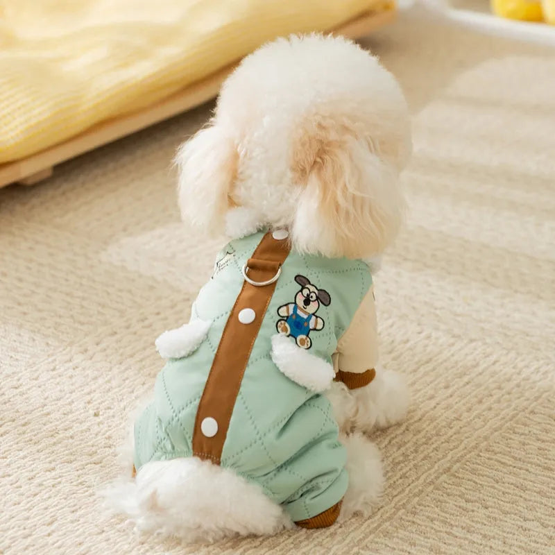 Warm thick quilted cotton dog coat with fleece-lined collar and pockets, cute dog embroidery, and leash ring in green