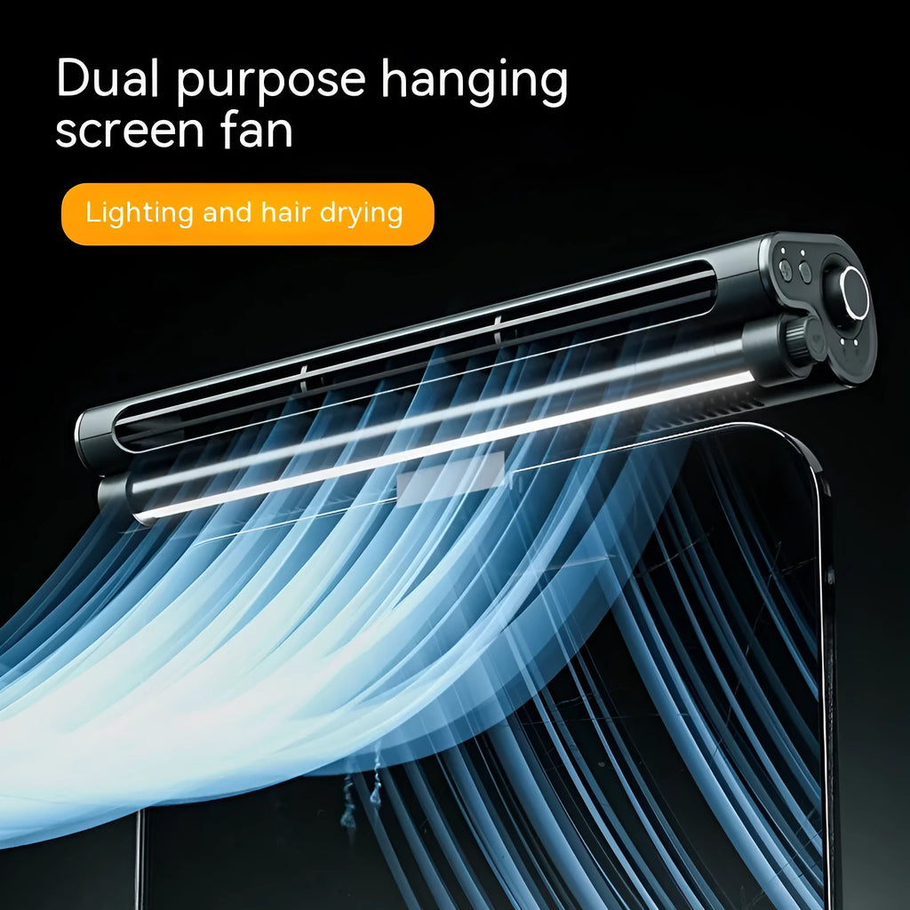 Black USB-powered bladeless clip-on laptop fan with integrated lighting lamp