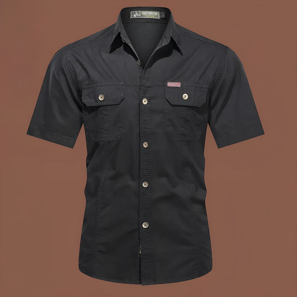 Men's short sleeve cotton work shirt in a loose cardigan style, shown in one of eight available colours.