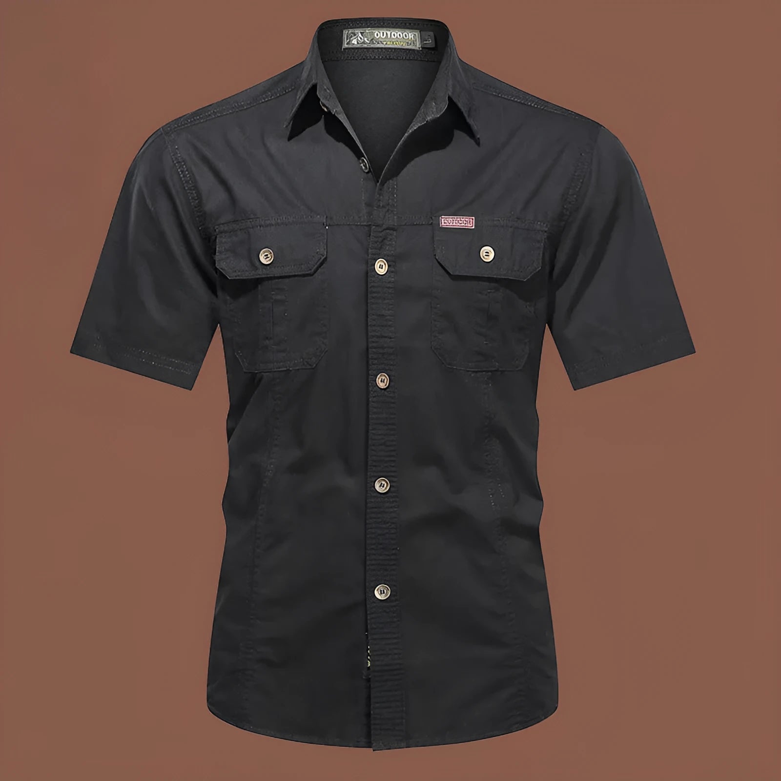 Men's short sleeve cotton work shirt in a loose cardigan style, shown in one of eight available colours.