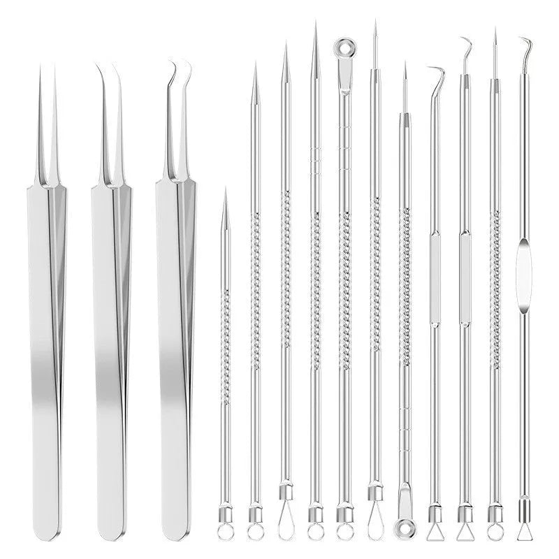 Four-piece stainless steel acne needle set with ultra-fine pointed tips and extraction clip on silver background