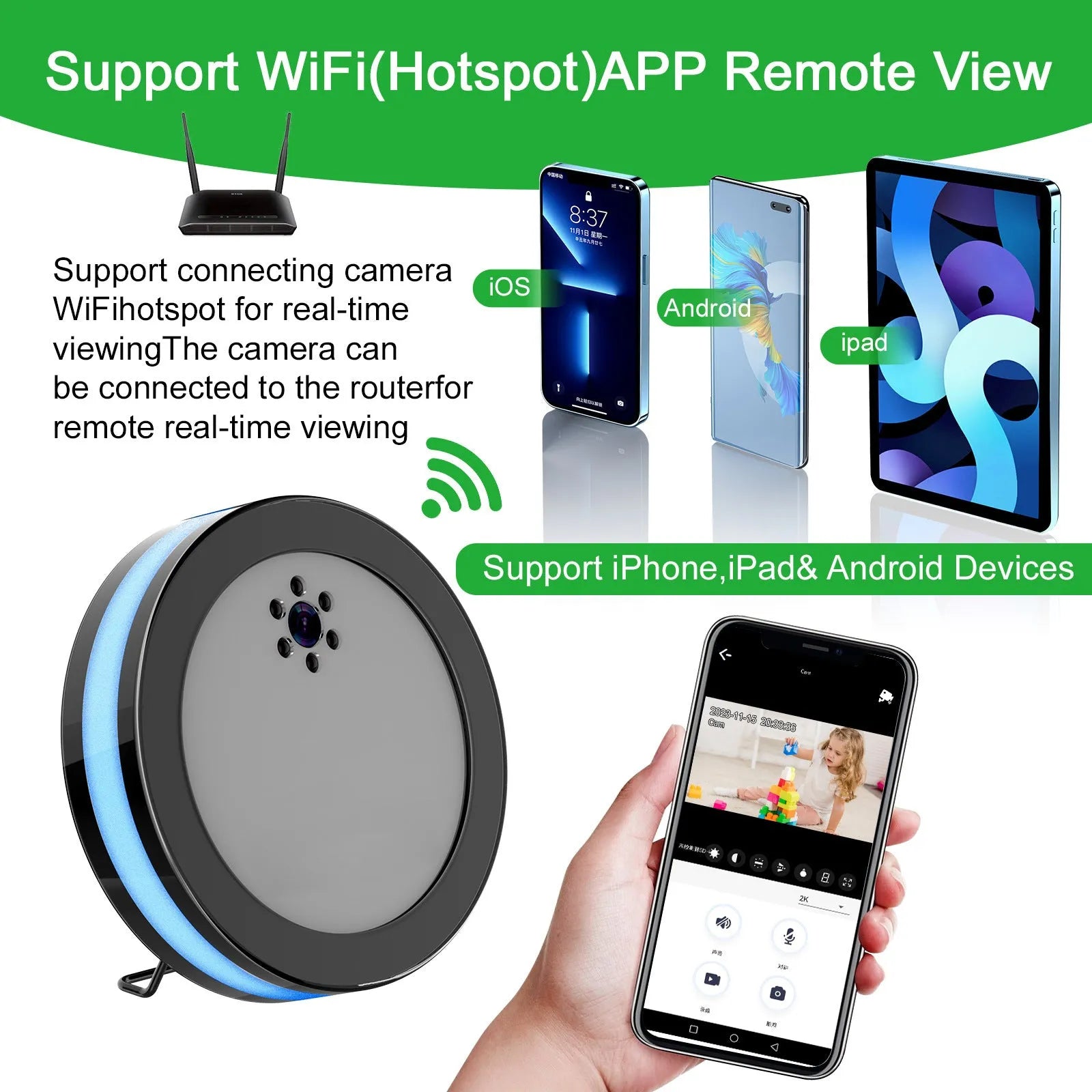 Wireless smart surveillance camera in black with night vision and voice conversation, compact size 15 by 15 by 4 cm