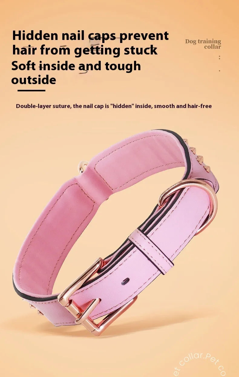 Leather dog collar with metal rivets in black, chocolate, or pink colour options