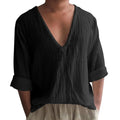 Men's long sleeve V-neck T-shirt in washed cotton showing solid colour options