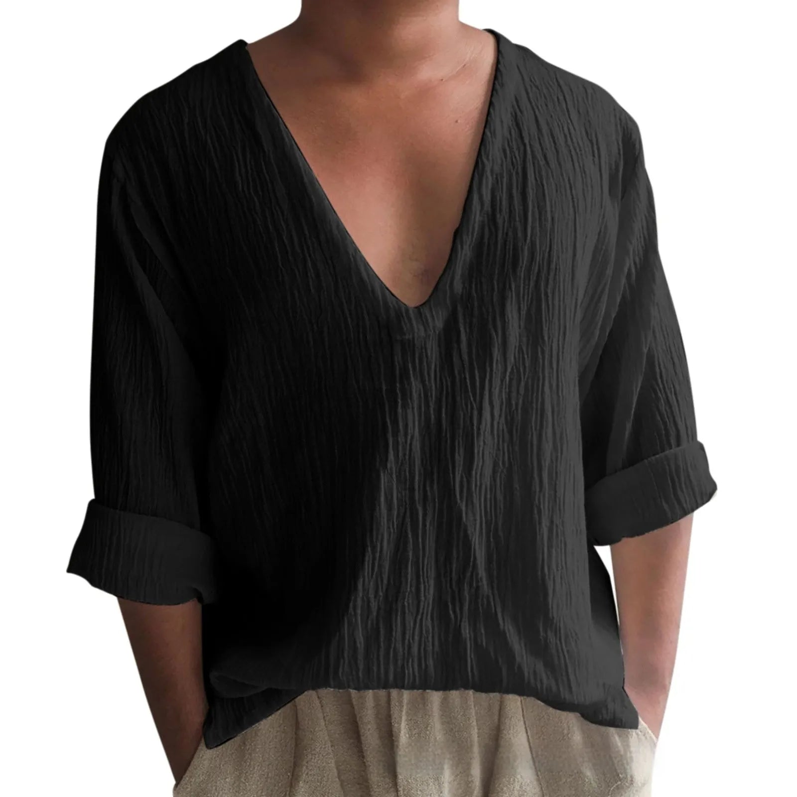Men's long sleeve V-neck T-shirt in washed cotton showing solid colour options