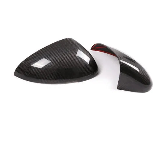 Black true carbon fibre rearview mirror cover for Porsche Macan, showing dimensions.