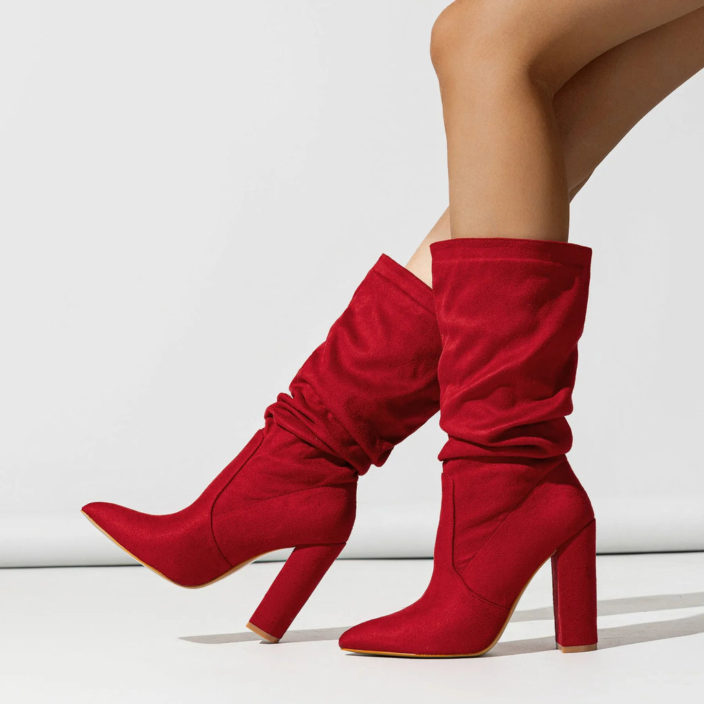 Women's black chunky heel pointed-toe suede boots with mid-calf length and 8cm+ heel height