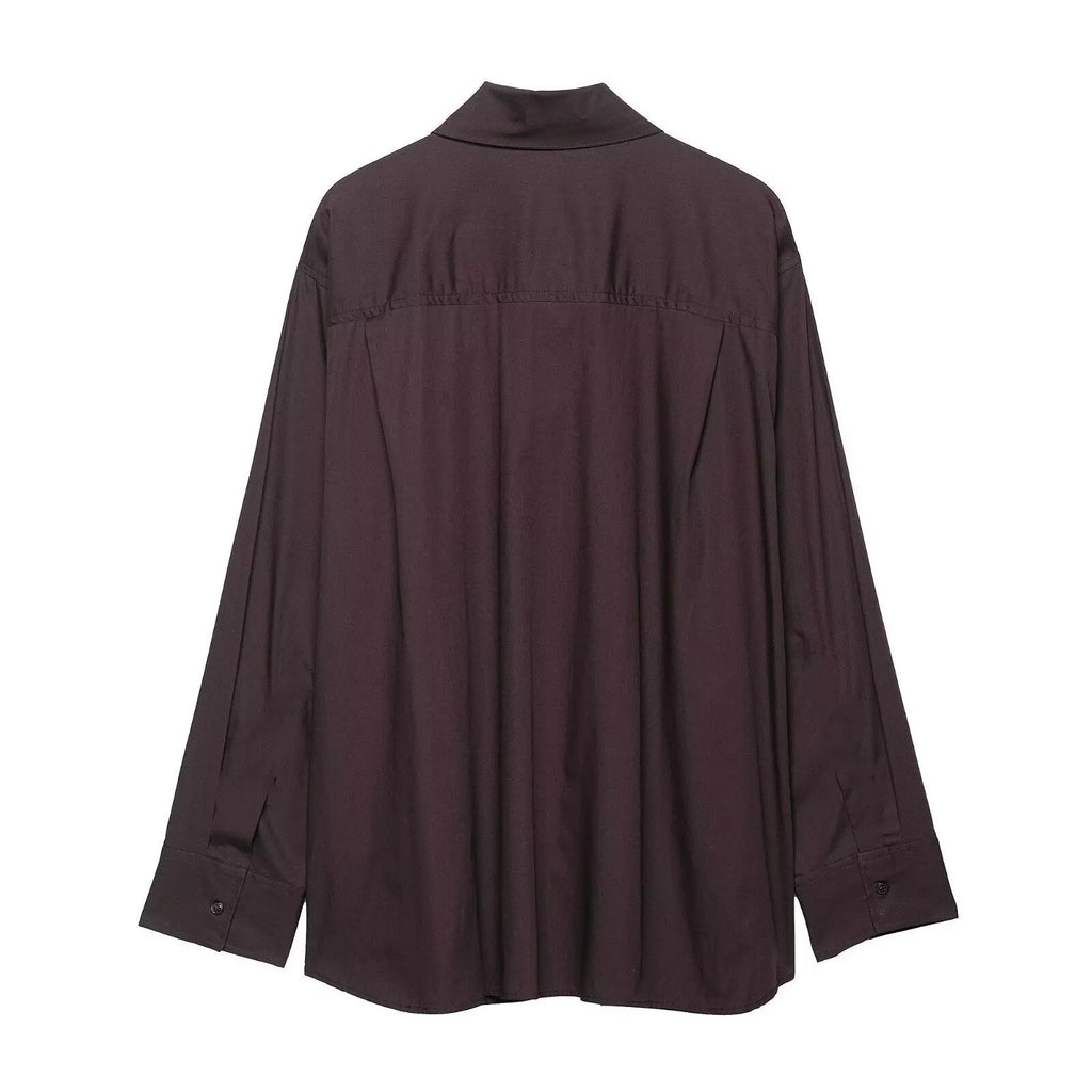 Women's brown solid colour poplin shirt with bow tie and long sleeves, loose fit