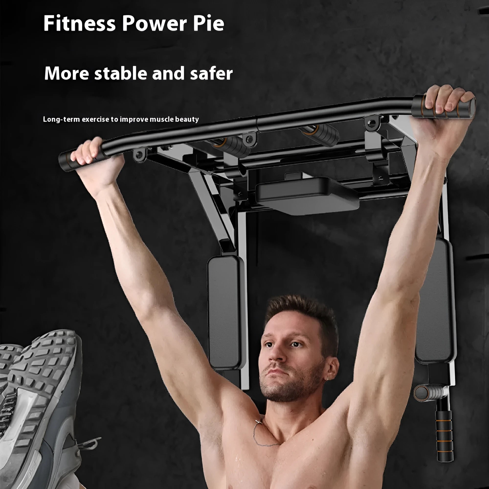 Black wall-mounted metal fitness station with sandbag rack and integrated parallel bars for pull-ups.