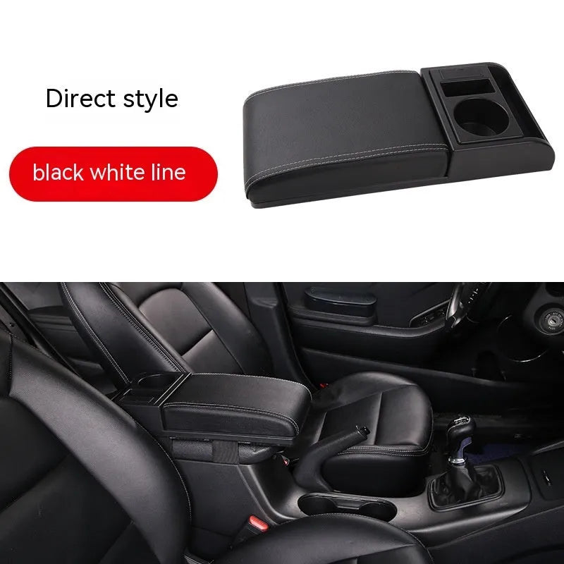 Universal automobile armrest box cover height increasing plastic with PU leather finish in beige placed on car centre console