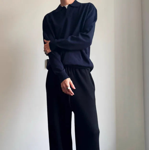 Pure wool lapel polo sweater in loose fit, shown in milky white and navy blue.