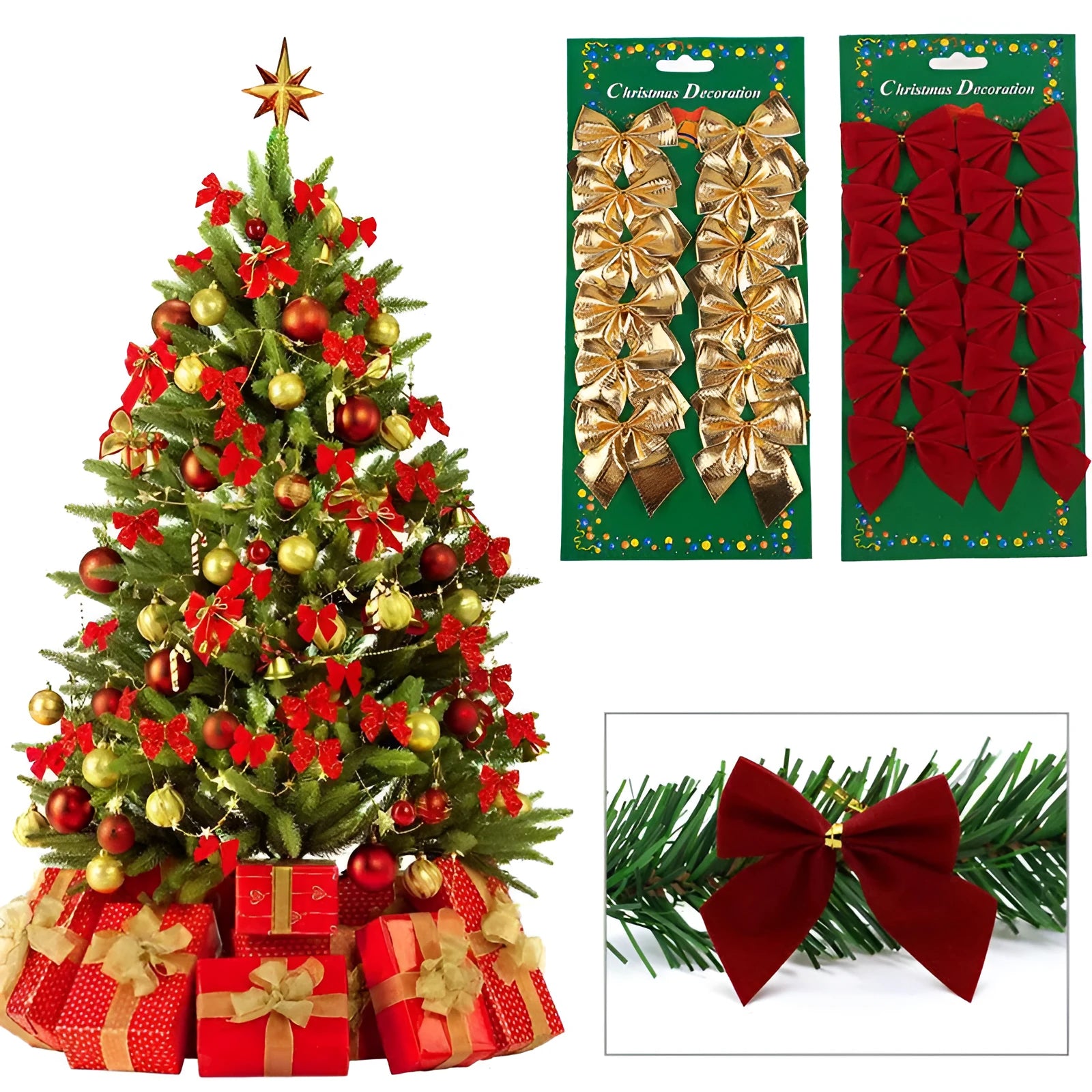 Polyester Christmas bow ornament measuring 5 cm in gold, red, red gold, and silver colours