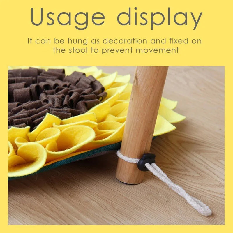 Yellow sunflower-shaped snuffle mat with layered fleece and felt strips for hiding dog treats