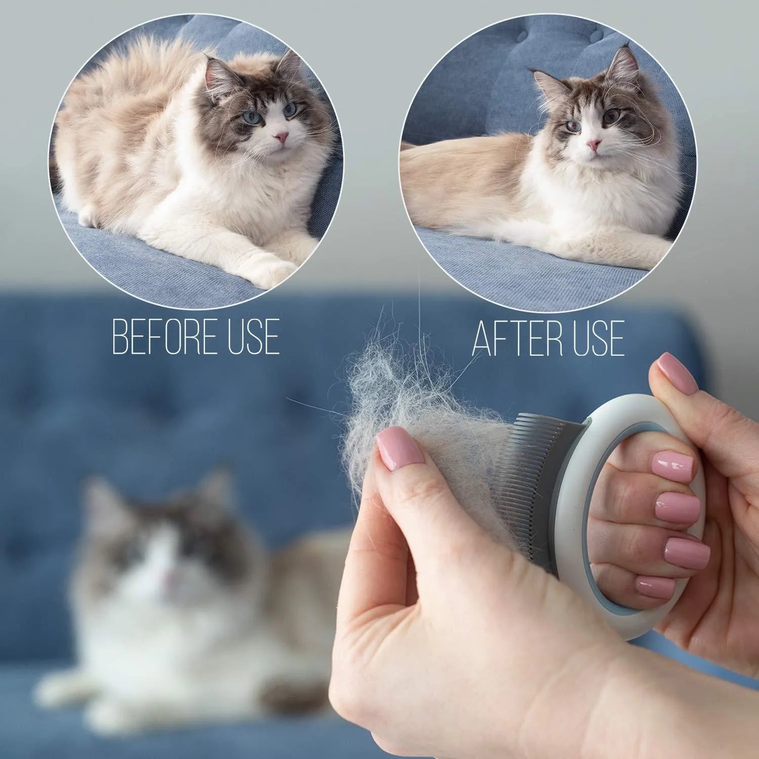 Blue plastic pet grooming comb with soft teeth and an ergonomic handle on a white background.