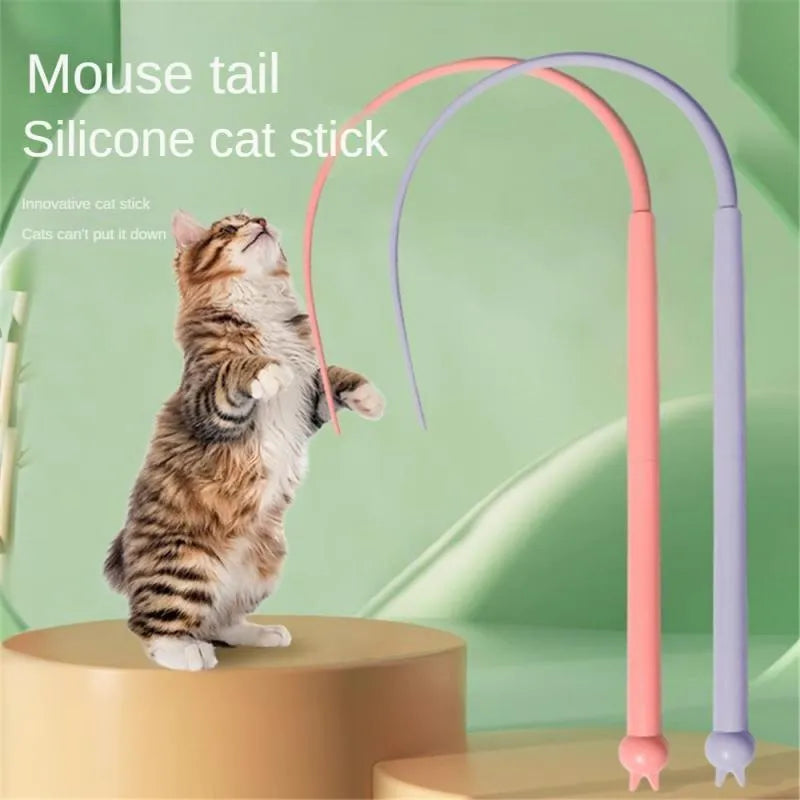 Blue silicone mouse tail cat toy with ABS handle showing 80cm length and replaceable core system