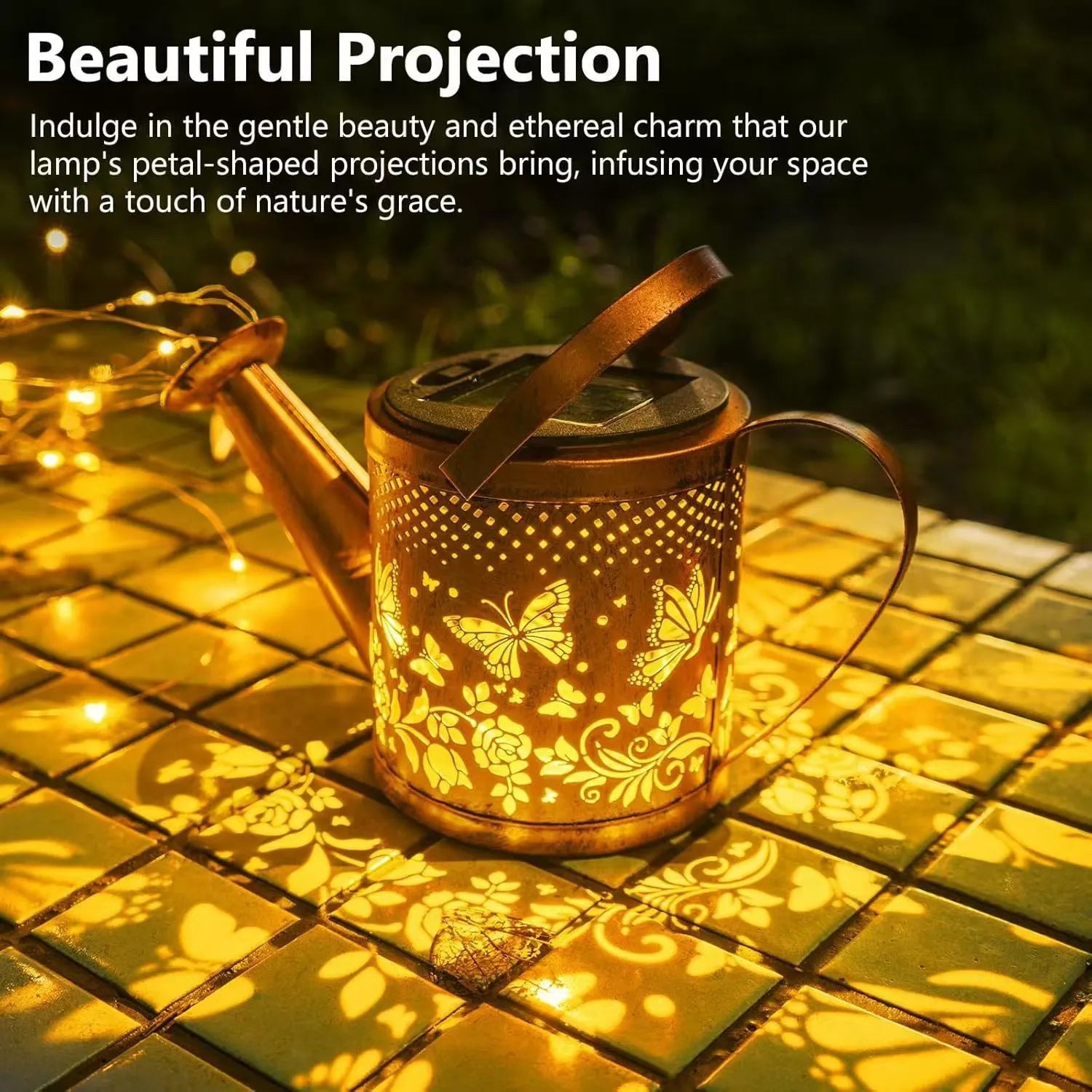 Solar kettle light in butterfly kettle colour, wrought iron, 210x100x140 mm, for outdoor courtyard use