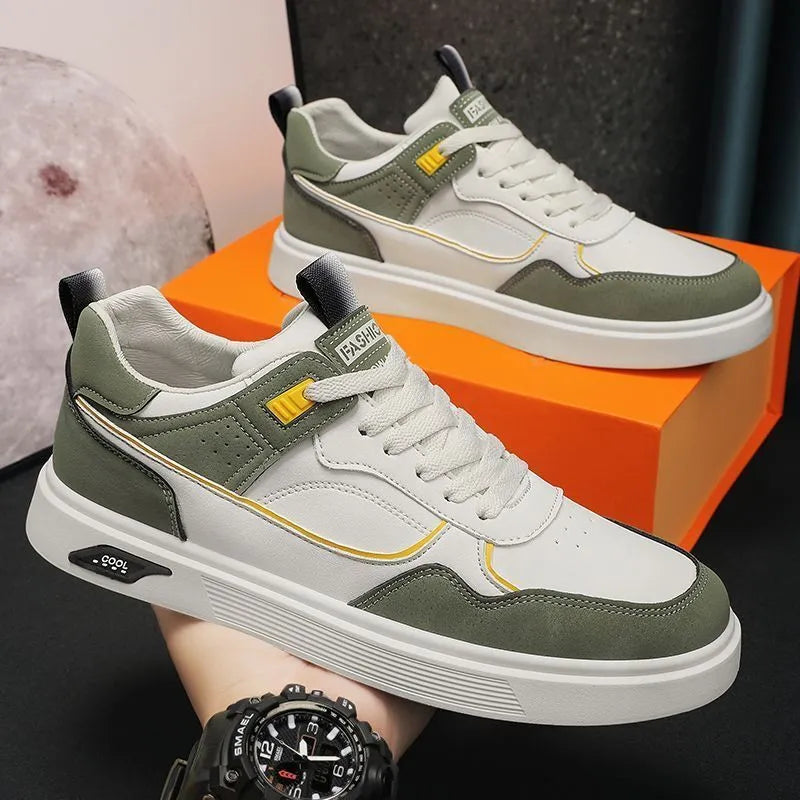 Men's low-top canvas board shoes in black with leather stitching and a mesh lining.