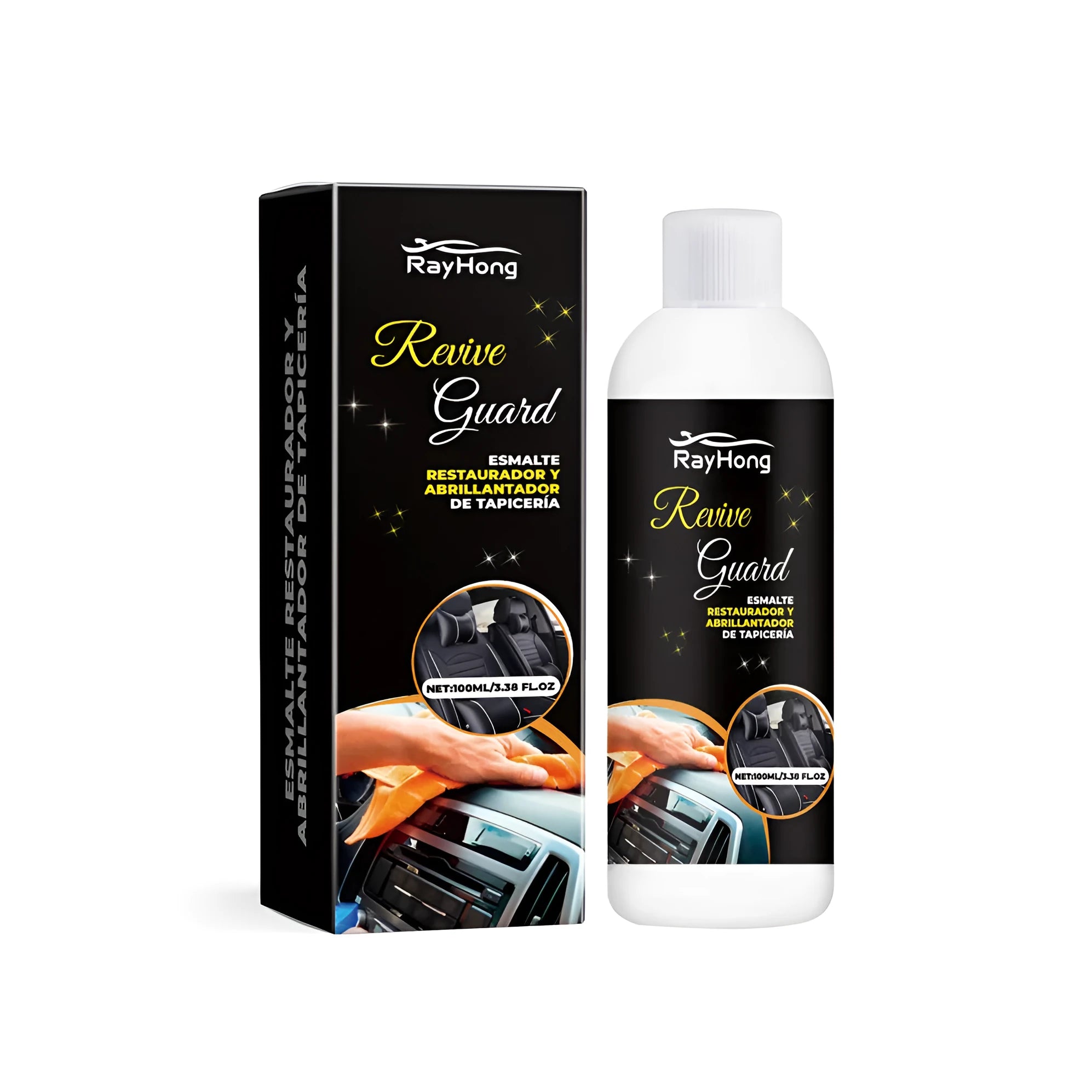 Compact bottle of car interior polish showing ingredients and dimensions of 3.8 by 12.3 cm.