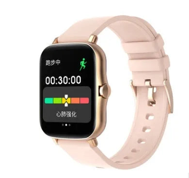 Black smart watch with a 1.7-inch colour touch screen on an adjustable strap, showing a fitness tracking interface.