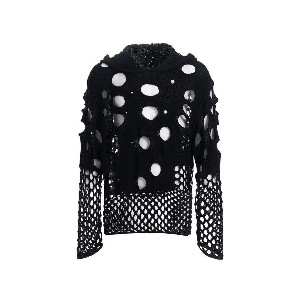 Black men's hooded pullover sweater with pearl decorative accents and loose fit design