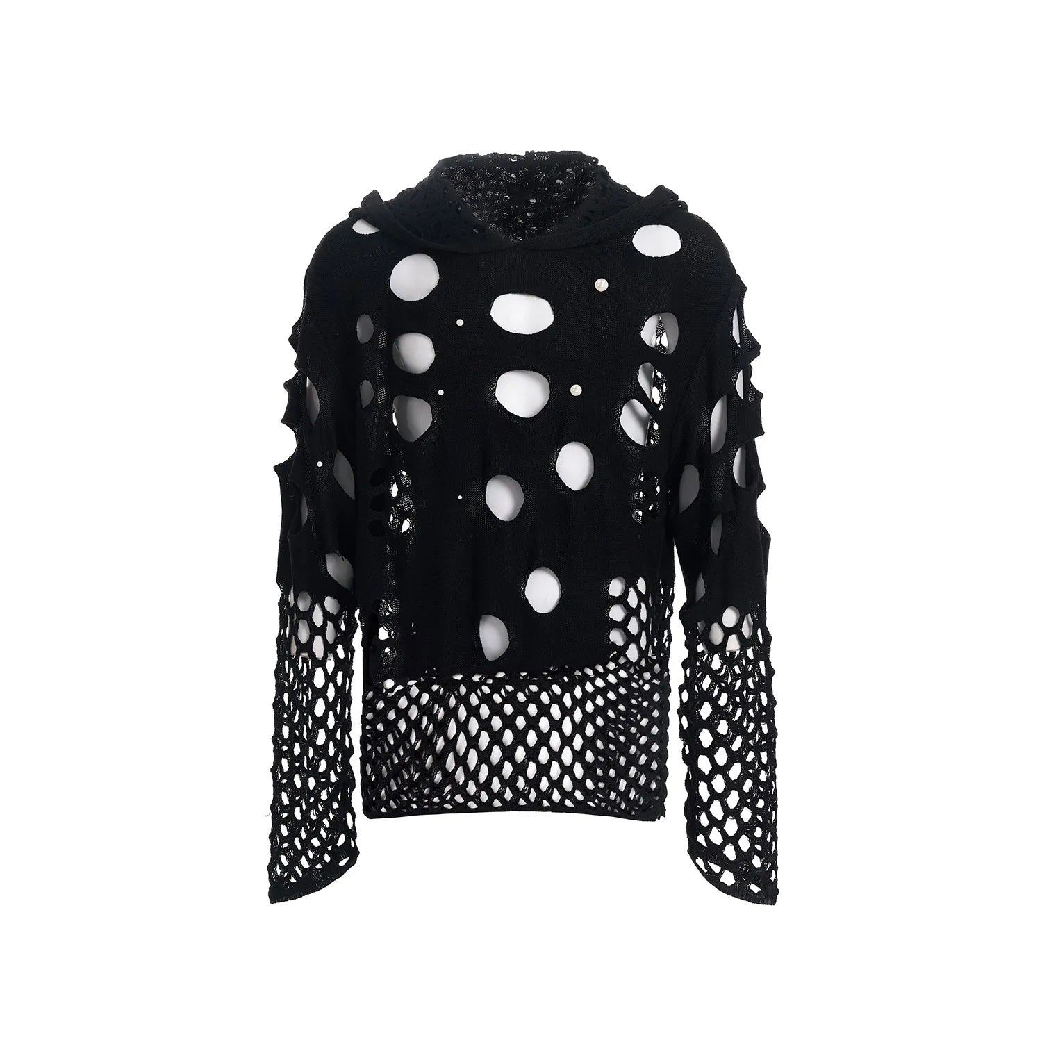 Black men's hooded pullover sweater with pearl decorative accents and loose fit design
